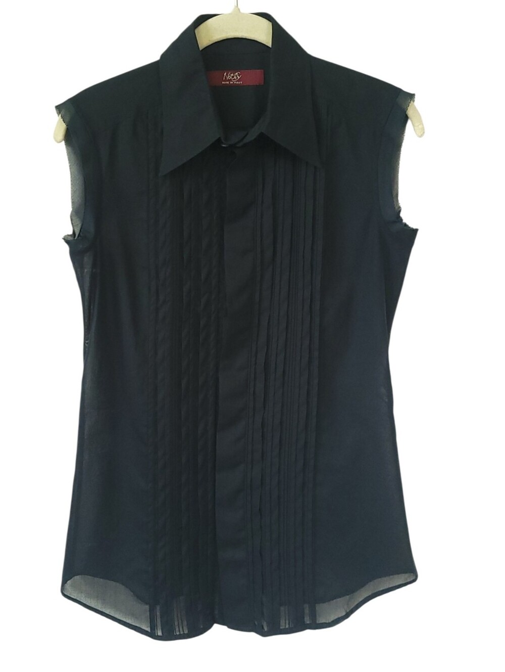 Notify Italy Black Sheer Pleated Tuxedo Sleeveless Blouse Artsy Minimalist